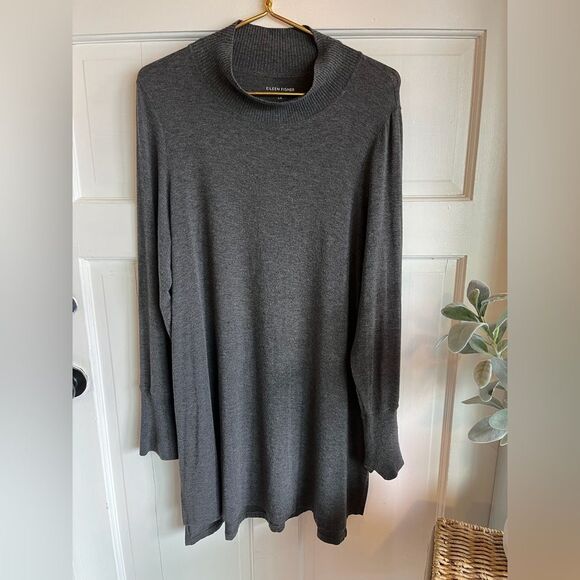 New Eileen fisher gray funnel mock neck long sleeve sweater tunic dress
